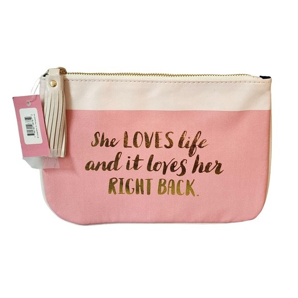 NEW Compendium Pink Cosmetic Pouch with Gold/White Tassle Zipper Pull and Quote - Picture 1 of 5